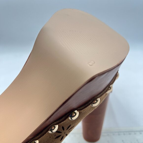 FOWT Tan Studded Round Toe Floral Cut Out Platform Mules Chunky High Heel Sandal - Picture 6 of 8